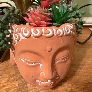 Terracotta Buddha Planter with Green and Pink Succulents